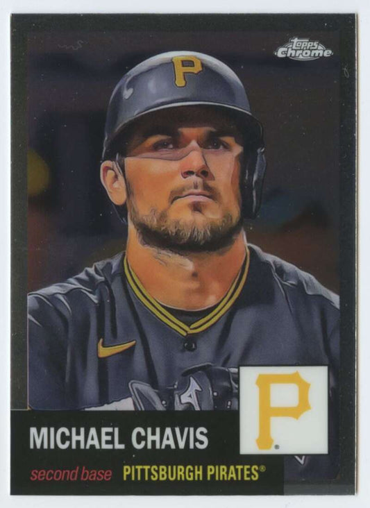 Baseball card of Michael Chavis in black uniform for 2022 Topps Chrome Platinum Anniversary