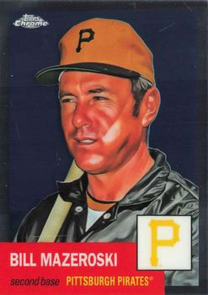 Baseball card of Bill Mazeroski in orange and black gear for Pittsburgh Pirates Platinum Anniversary