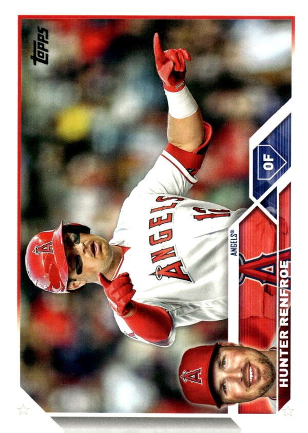 Baseball card of Hunter Renfroe pointing upward in Los Angeles Angels home jersey