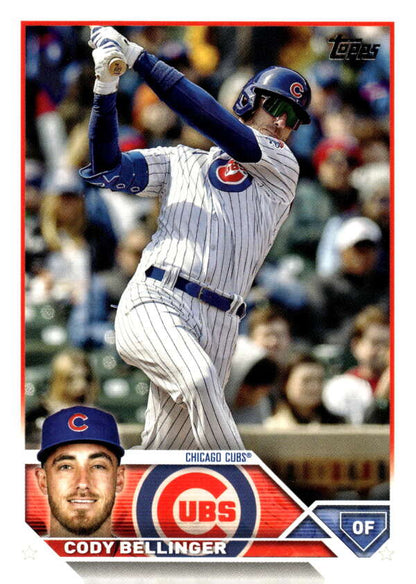 Cody Bellinger Chicago Cubs baseball card from 2023 Topps Update Series at bat in pinstripes