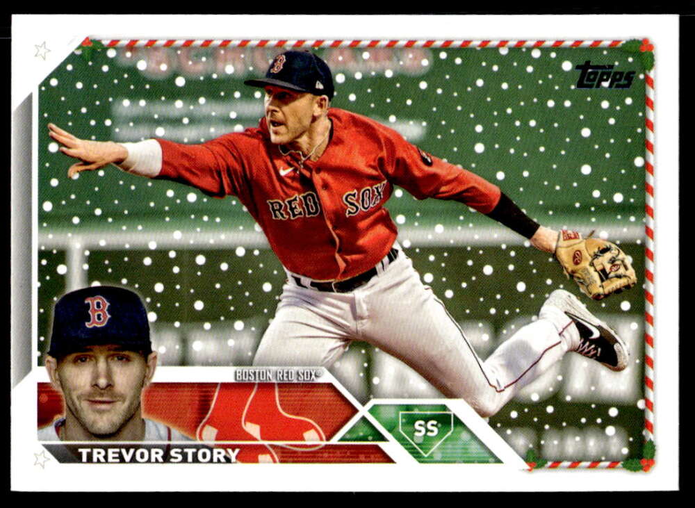 Baseball card of Trevor Story making a snow catch for the Boston Red Sox