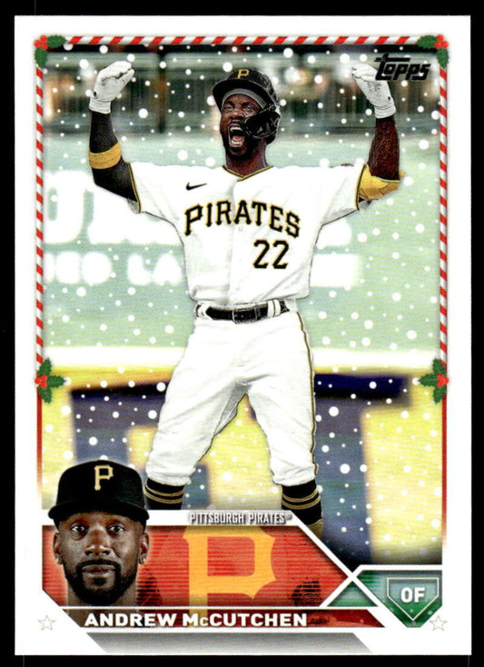 Andrew McCutchen celebrating with raised arms on a Pittsburgh Pirates baseball card