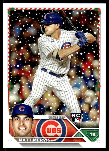 Chicago Cubs baseball card of Matt Mervis in a pinstripe uniform at bat