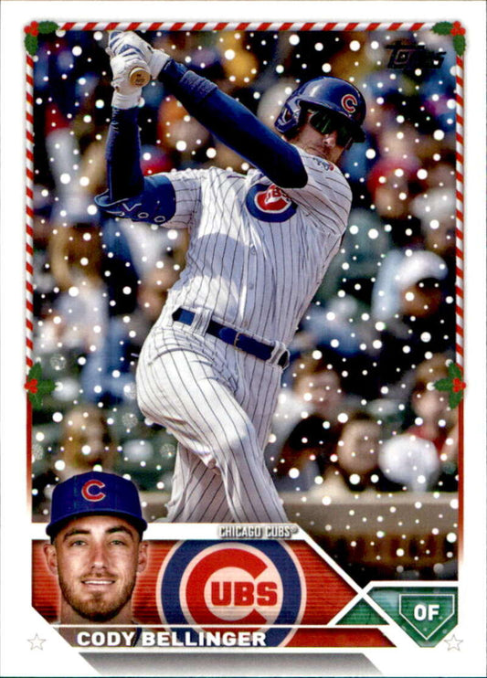 Cody Bellinger Chicago Cubs baseball card with snowflakes and pinstriped uniform design