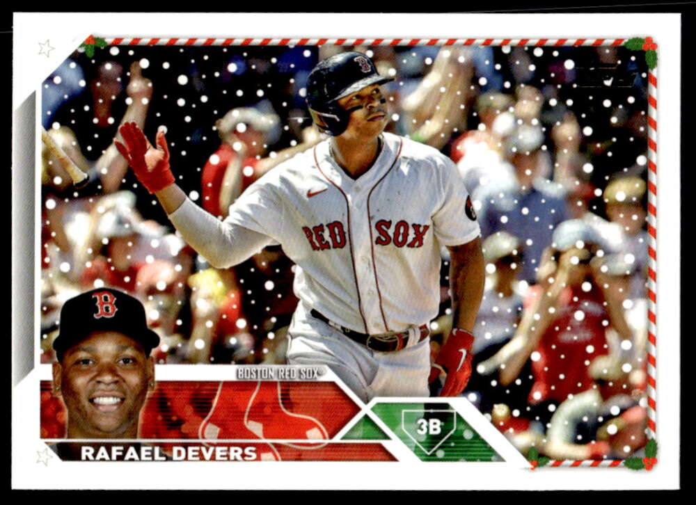 Boston Red Sox Rafael Devers celebrating in 2023 Topps Holiday Baseball Card H76