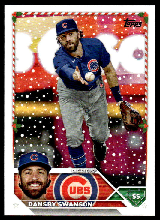 Topps Holiday Dansby Swanson Chicago Cubs card showing fielding motion in gray uniform