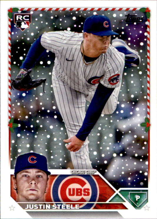 Baseball card of Justin Steele in pinstripe uniform from Topps Holiday H191 series