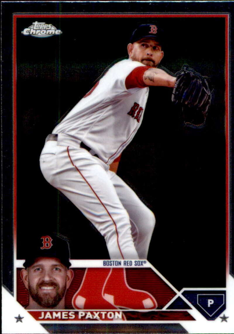 Baseball card of James Paxton pitching for the Boston Red Sox in white uniform