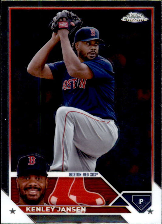 Baseball card of Kenley Jansen in navy uniform for Boston Red Sox mid-delivery