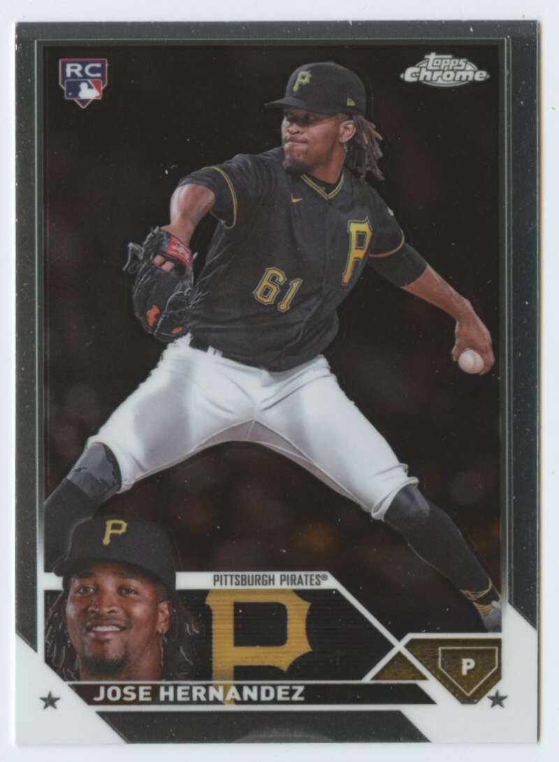 Jose Hernandez pitching in black jersey, featured on Pittsburgh Pirates baseball card