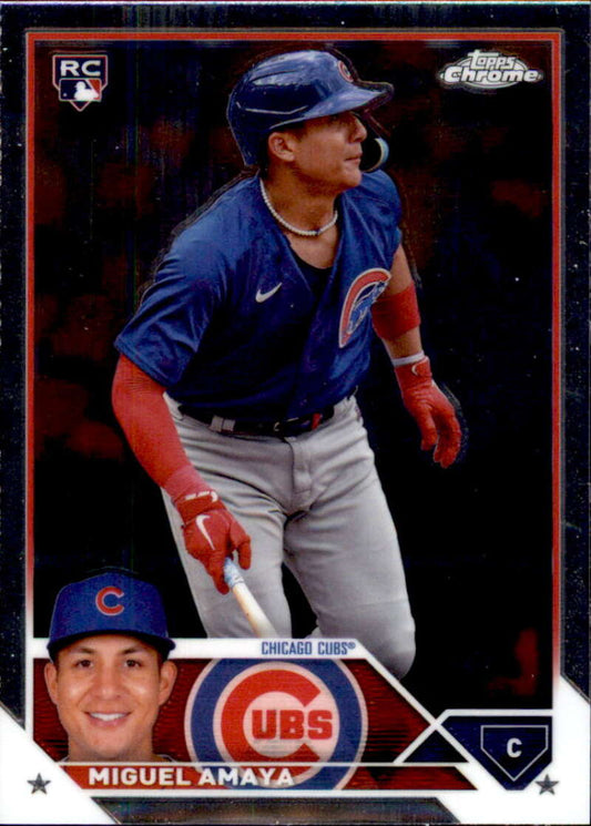 Baseball trading card of Miguel Amaya in blue uniform from Topps Chrome Update