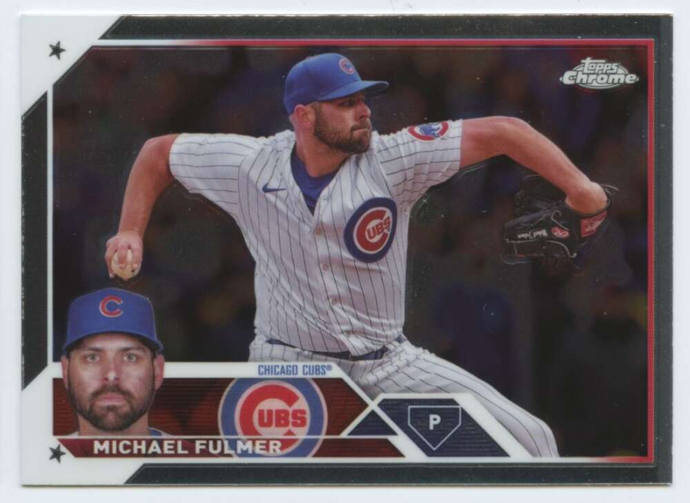 Michael Fulmer Chicago Cubs Baseball Card showing pitcher in white pinstriped uniform