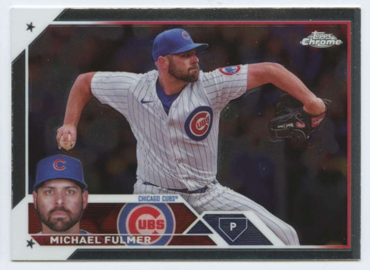 Michael Fulmer Chicago Cubs Baseball Card showing pitcher in white pinstriped uniform