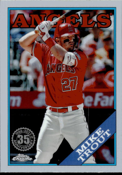 Baseball card of Mike Trout in red Los Angeles Angels uniform, Topps Chrome Update