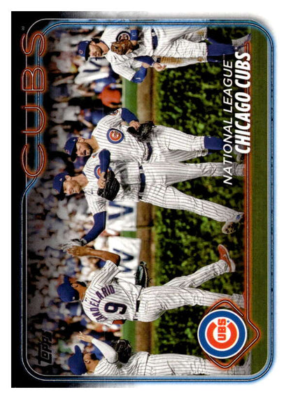 Chicago Cubs players celebrating in white pinstripes on 2024 Topps baseball card