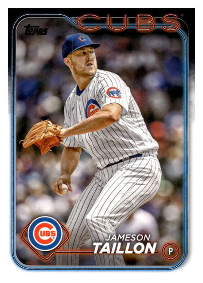 Jameson Taillon pitching in white pinstriped uniform on Chicago Cubs baseball card