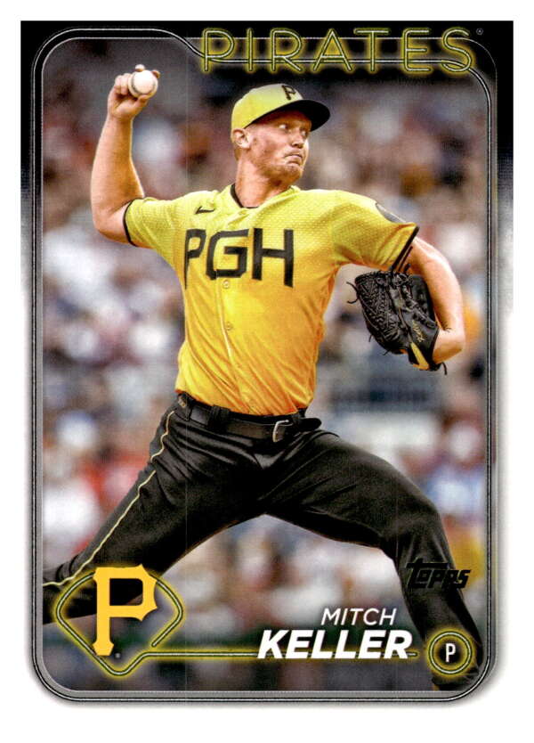 Mitch Keller pitching in yellow jersey on 2024 Topps Pittsburgh Pirates Baseball Card