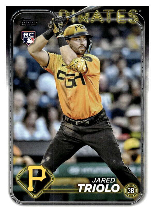 Baseball card of Jared Triolo in yellow jersey for Pittsburgh Pirates throwing ball