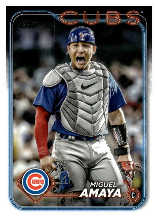 Miguel Amaya in gray chest protector and blue uniform for Chicago Cubs baseball card