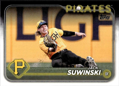 Jack Suwinski diving to catch a ball in yellow Pittsburgh Pirates uniform baseball card