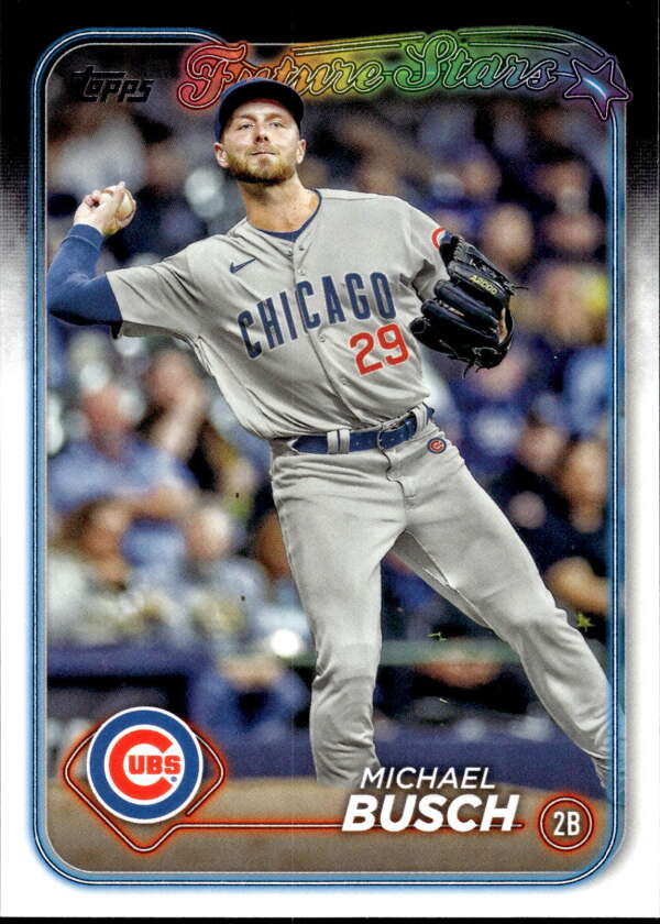 Chicago Cubs baseball card of Michael Busch in gray road uniform making a throw