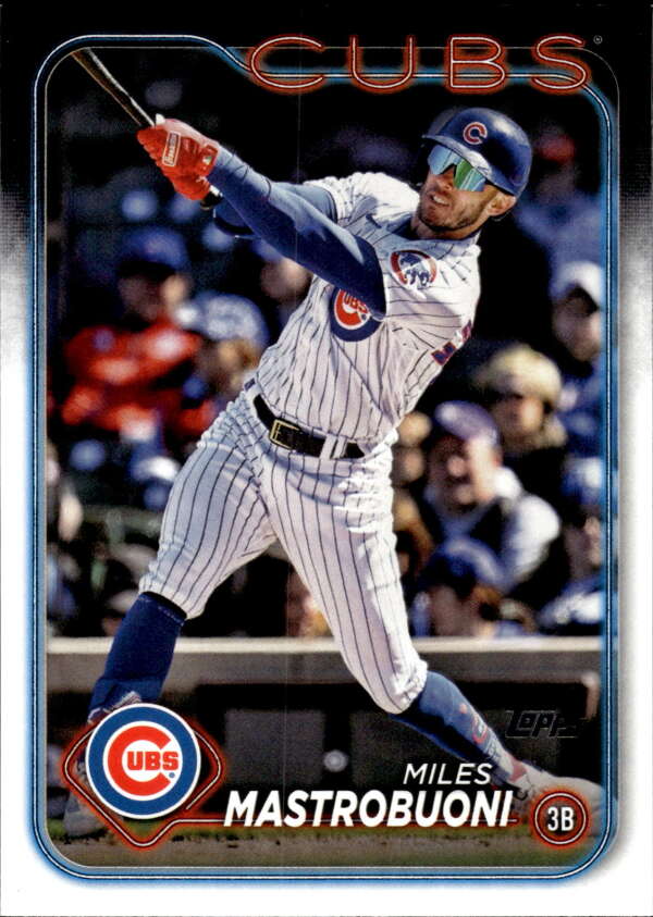 Chicago Cubs baseball card of Miles Mastrobuoni swinging in pinstripes