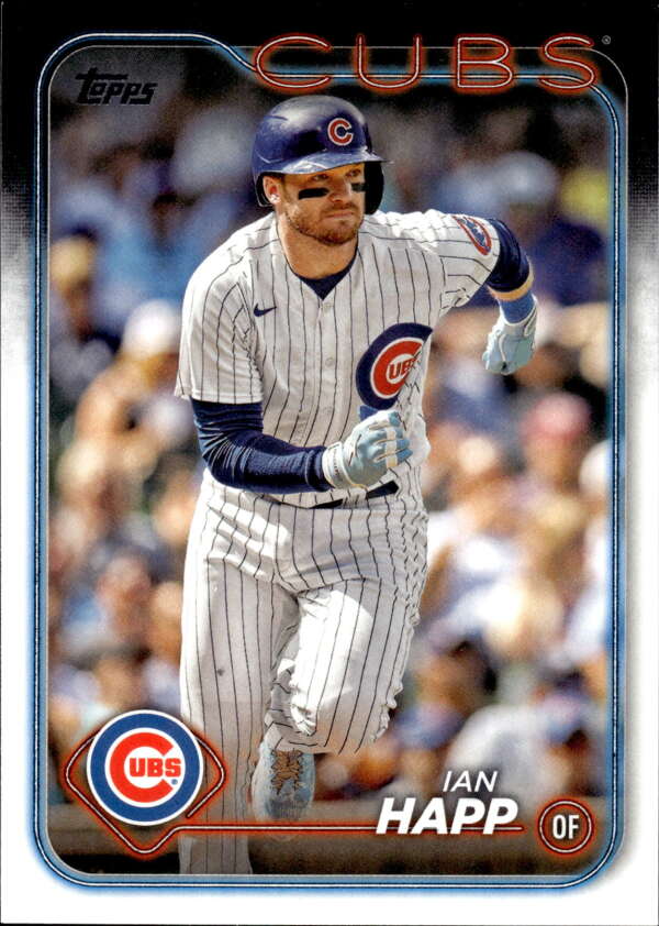 Ian Happ running the bases on a Chicago Cubs baseball card in pinstripe uniform