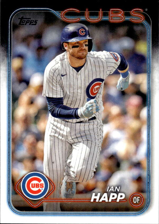 Ian Happ running the bases on a Chicago Cubs baseball card in pinstripe uniform