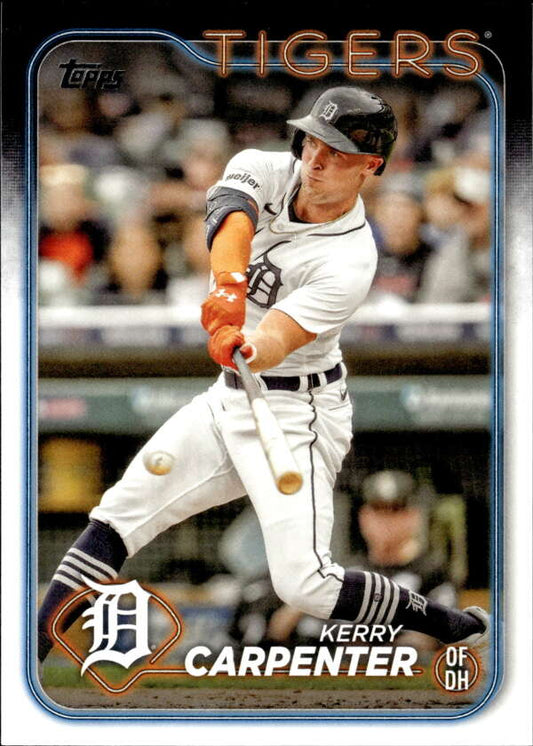 Detroit Tigers baseball card featuring Kerry Carpenter swinging in home uniform