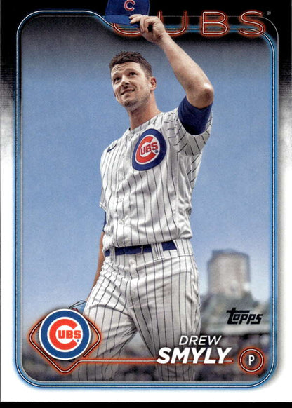 Chicago Cubs baseball card of Drew Smyly in pinstripe uniform waving to the crowd