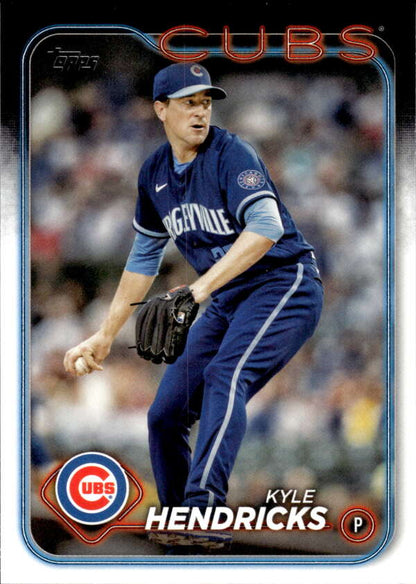 Baseball card of Kyle Hendricks pitching in blue for the Chicago Cubs