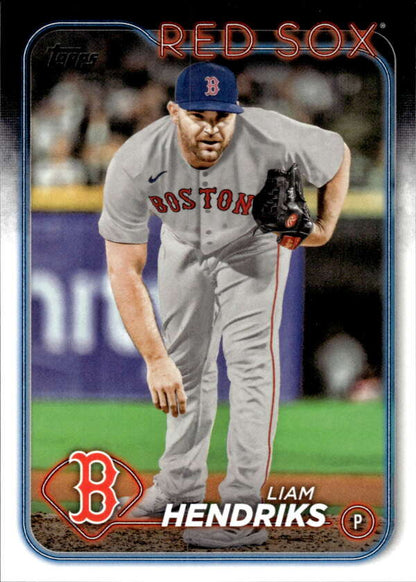 Liam Hendriks Boston Red Sox pitcher baseball card in gray road uniform from Topps 2024