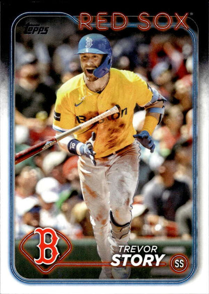 Baseball card of Trevor Story in yellow jersey for Boston Red Sox collectible