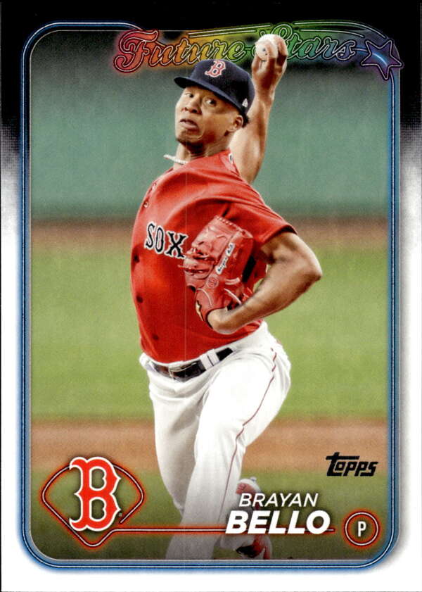 Baseball card of Brayan Bello in mid-throw for the Boston Red Sox wearing red jersey