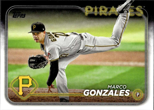 Pittsburgh Pirates Marco Gonzales mid-delivery on a baseball card in gray uniform