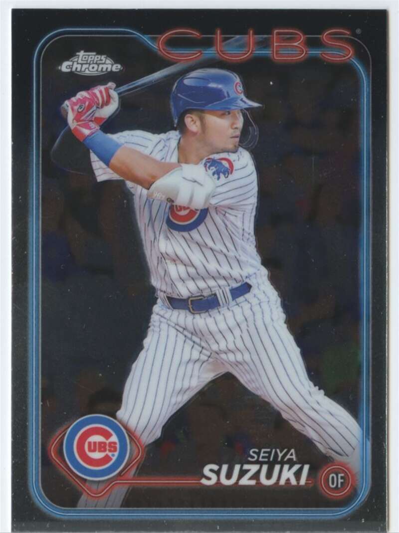 Baseball card of Seiya Suzuki in pinstriped uniform for Chicago Cubs baseball