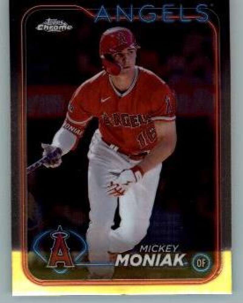 Baseball card of Mickey Moniak in red uniform for Los Angeles Angels 2024 Topps Chrome