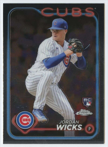 Jordan Wicks Chicago Cubs Baseball Card in white pinstriped uniform from 2024 Topps Chrome