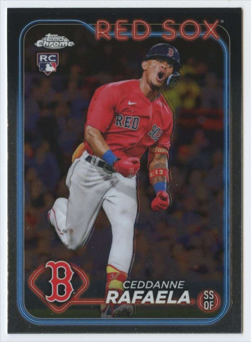 Ceddanne Rafaela celebrating in red jersey, Boston Red Sox rookie baseball card