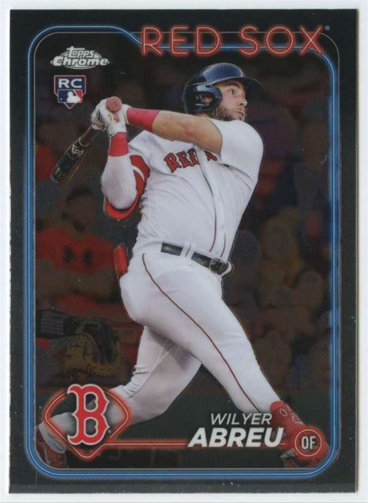 Wilyer Abreu mid-swing in white uniform on 2024 Topps Chrome Boston Red Sox baseball card