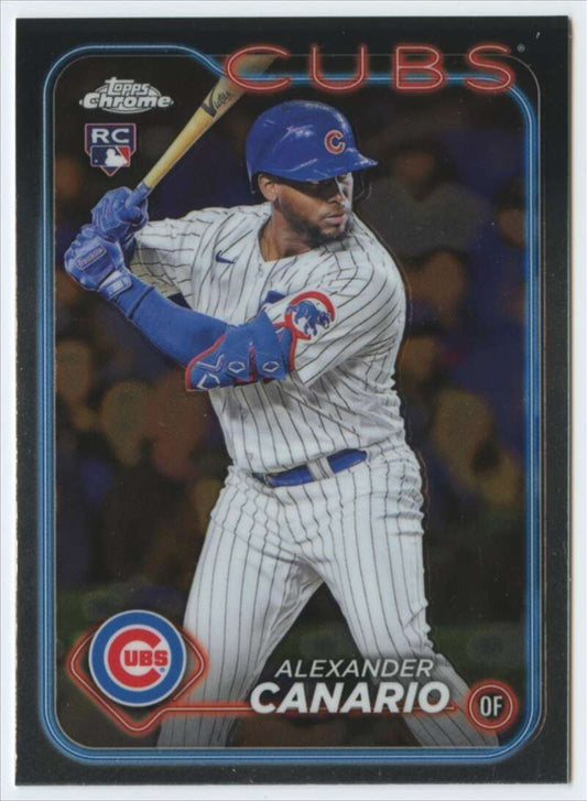 Alexander Canario batting on a Topps Chrome Rookie Card for the Chicago Cubs