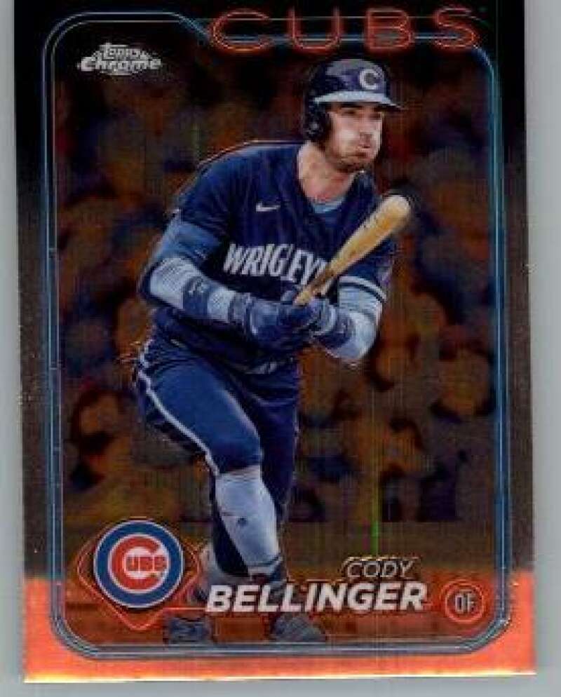 Cody Bellinger batting in a navy blue Wrigley jersey on Topps Chrome baseball card