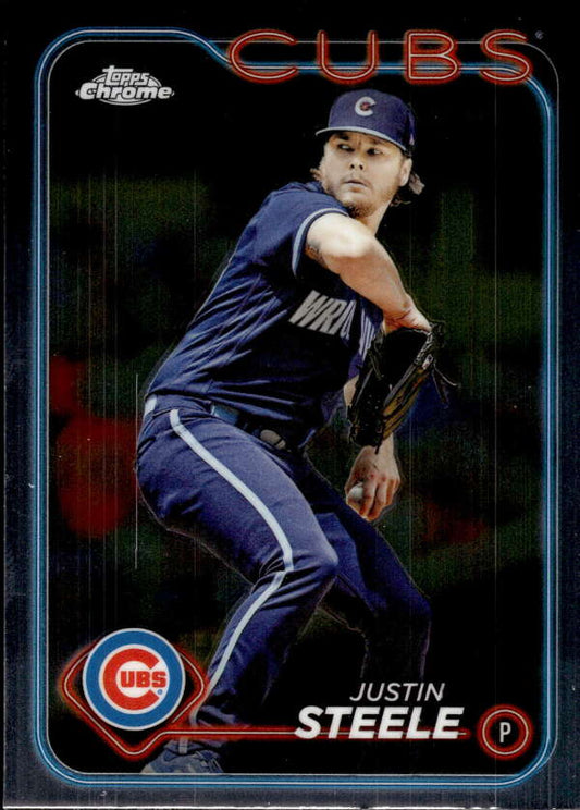 Justin Steele mid-delivery in navy uniform on 2024 Topps Chrome Chicago Cubs card