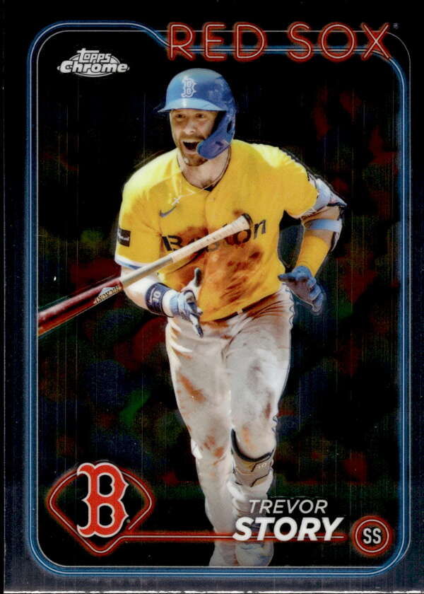 Topps Chrome Trevor Story Boston Red Sox baseball card in yellow jersey with bat