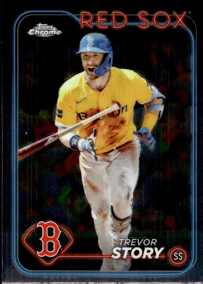 Topps Chrome Trevor Story Boston Red Sox baseball card in yellow jersey with bat