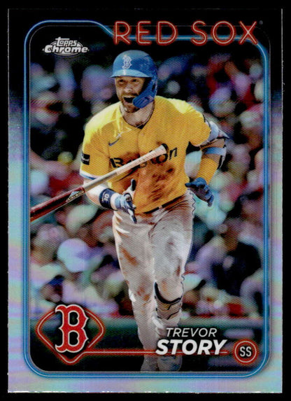 Trevor Story Red Sox baseball card in yellow jersey with bat, 2024 Topps Chrome Refractor