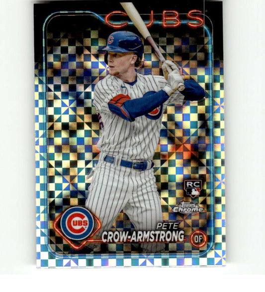 Baseball card of Pete Crow-Armstrong in pinstripe uniform from Topps Chrome Rookie Card