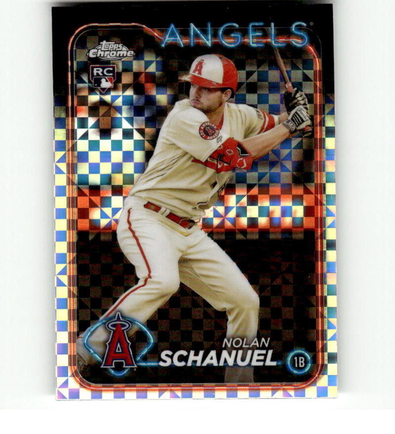 Baseball card of Nolan Schanuel in Angels uniform against holographic background