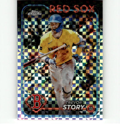 Trevor Story Boston Red Sox Baseball Card in yellow jersey with holographic pattern