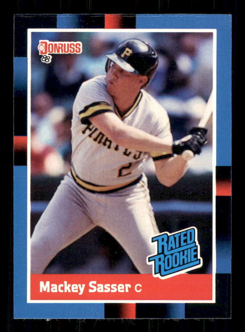 Baseball card of Mackey Sasser, Rookie Pittsburgh Pirates player at bat in white uniform